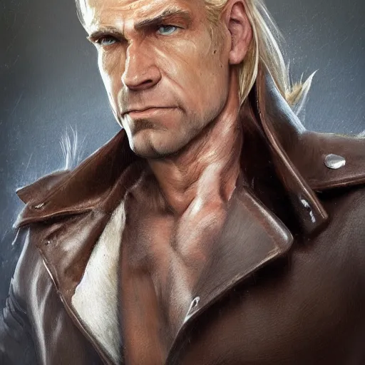 Image similar to portrait of a muscular, grim, ponytail haired blonde man in his late 30's, wearing a thick brown leather coat, looking to his side, half of the face scarred, hunter, DnD character, fantasy character, digital art by Ruan Jia, Krenz Cushart, Rossdraws and Boris Vallejo