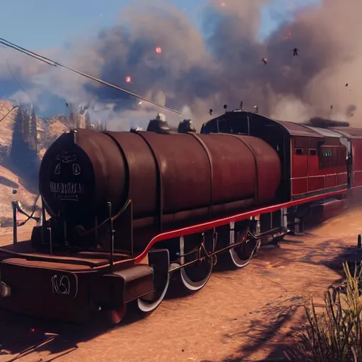 Image similar to futuristic sleek steam locomotive in red dead redemption 2