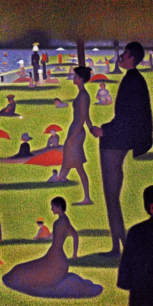 Image similar to a film still of love by gaspar noe movie, painted by georges seurat, impressionism, pointillism, detailed