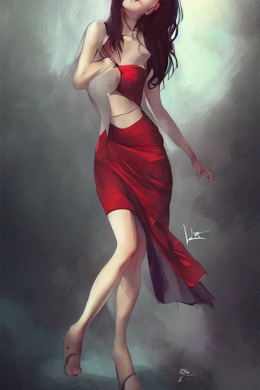 Prompt: Seductive and alluring bodycon dress in low skirt, by artgerm, WLOP and Ross Tran