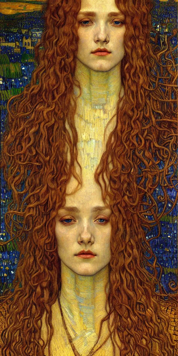 Image similar to detailed realistic beautiful young medieval queen face portrait by jean delville, gustav klimt and vincent van gogh, art nouveau, symbolist, visionary, gothic, pre - raphaelite, muted earthy colors, desaturated