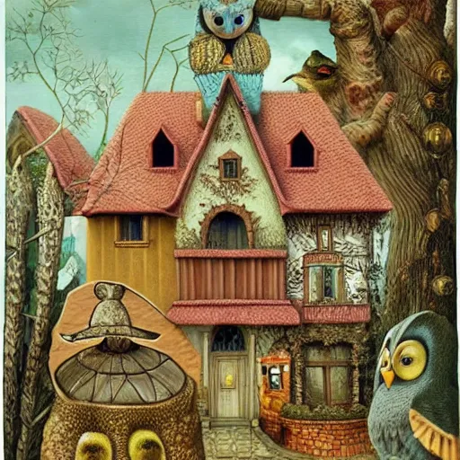 Image similar to a house with a tower, owl, birds, cheese, lowbrow in the style of mark ryden and gioseppo arcimboldo,