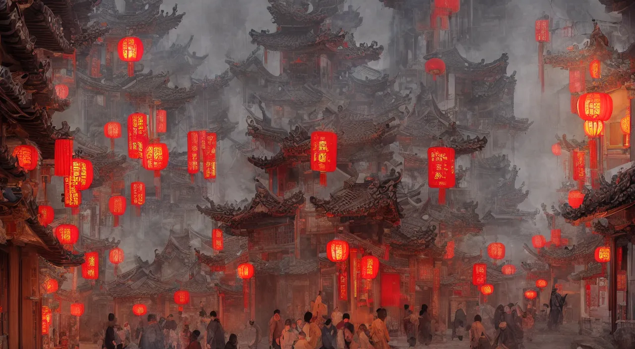 Image similar to on the night of the chinese new year's day, many chinese ghosts wander in the ancient chinese streets. the guiding line composition method, the tindal effect, the soft light, the cool color, by wu jinyuan, trending on artstation