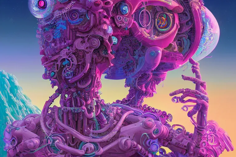 Image similar to a vaporwave biomechanical druid of creativity, beautiful character fashion design, by josan gonzalez and paul lehr and david heskin and seb mckinnon and jared s. merantz and alex grey, hi - fructose, 8 k, digital matte painting