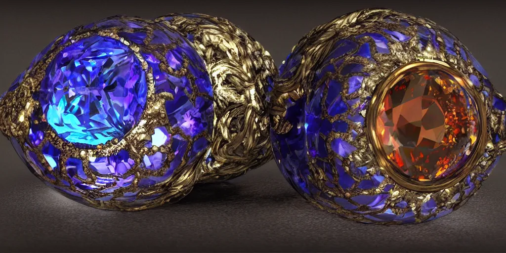 Image similar to magic crystal ring, fire, stone, crystal, engravings, diamonds, colorful, art by gerald brom, greg rutkowski, photo realism, unreal engine, c 4 d