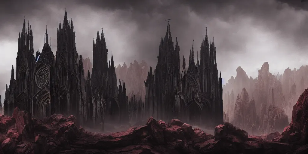 Prompt: dark gothic cathedral, gothic architecture, at the top of a red rock canyon, artstation concept art, beautiful matte painting, ultrawide angle