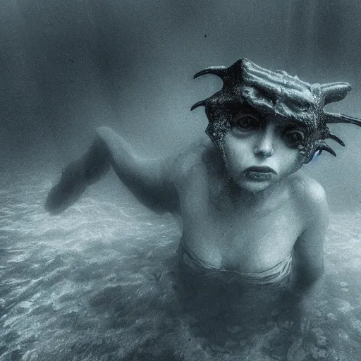 Image similar to sea monster, wide angle, pov underwater, pale skin, dark, foggy water, dramatic,'silent hill ', big eyes, terrifying, horrific, cinematic