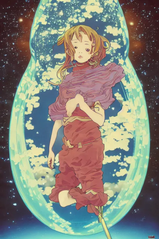 Prompt: full body portrait of a young girl floating in a space, detailed, yuya nagai, last exile, blue submarine no. 6, loish, murata range, kawaii, bright studio lighting, anime, manga, vibrant bright colors, japanese, 1980s, beautiful, dreamy, alphonse mucha, gradation, jean giraud, high saturation, fantasy, nebula background, makoto shinkai