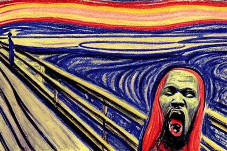 Prompt: Edvard Munch's 'kanye west in the style of the scream', painting, expressionism, music notes, music notes, (((((kanye west))))
