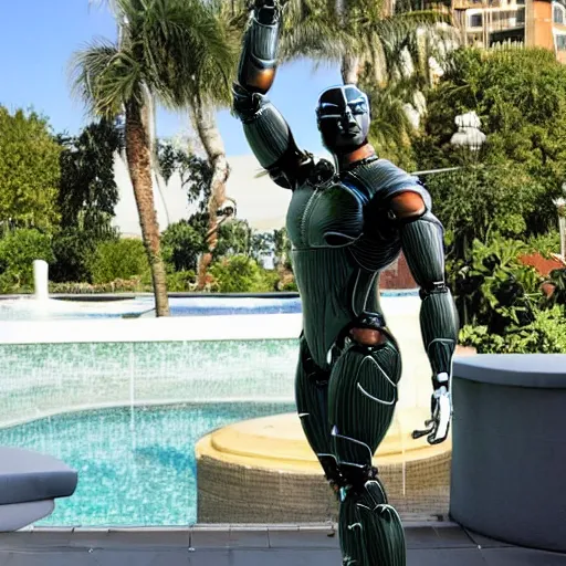 Prompt: a realistic detailed photo of a guy who is an attractive humanoid who is half robot and half humanoid, who is a male android, wrestler aj ferrari, shiny skin, posing like a statue, blank stare, by the pool, on display, showing off his muscles, humanoid robot, frozen ice statue