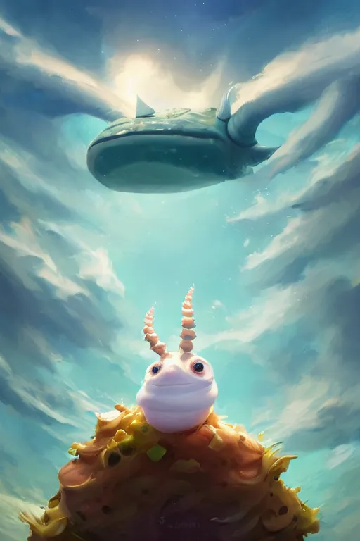 Prompt: a very cute sea slug with long horns, by rhads, makoto shinkai and lois van baarle, johannes voss, low angle fisheye view, sky whith plump white clouds, elegant, highly detailed, artstation, 8 k, unreal engine, hdr, concept art, volumetric lighting matte