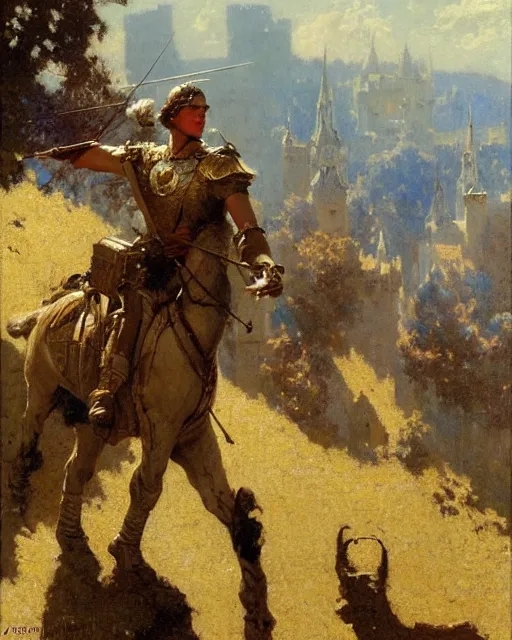 Prompt: attractive crossbowman watches an army approach, he is on a castle wall, painting by gaston bussiere, craig mullins, j. c. leyendecker