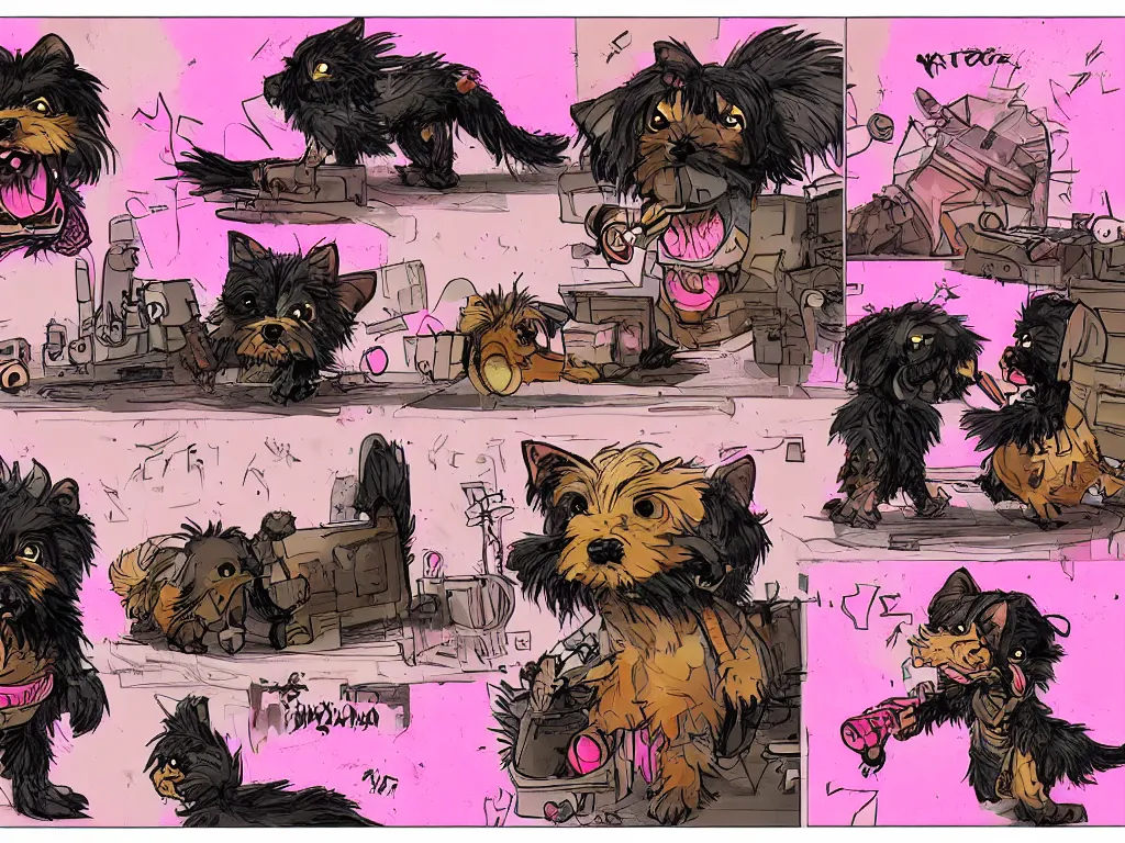 Image similar to a 4 panel comic strip of a lonely black and caramel Yorkshire Terrier, fighting with a pink rubber monkey in a cyberpunk, post apocalyptic Tokyo, D&D, fantasy, highly detailed, digital painting, artstation, concept art, smooth, sharp focus, illustration, art by Bill Sienkiewicz