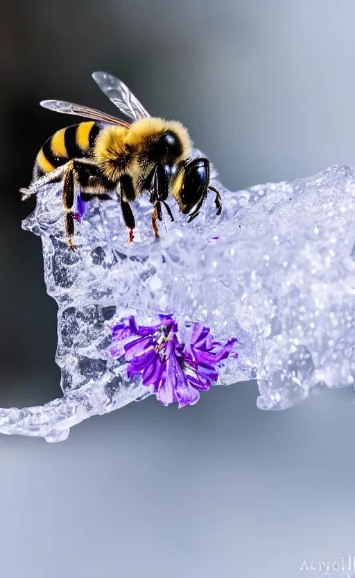 Image similar to a bee finding a beautiful flower, both entrapped in ice, only snow in the background, beautiful macro photography, ambient light