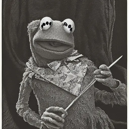 Image similar to Kermit the Frog as an actual human being by Gustave Dore, Sesame Street, intricate, very very detailed
