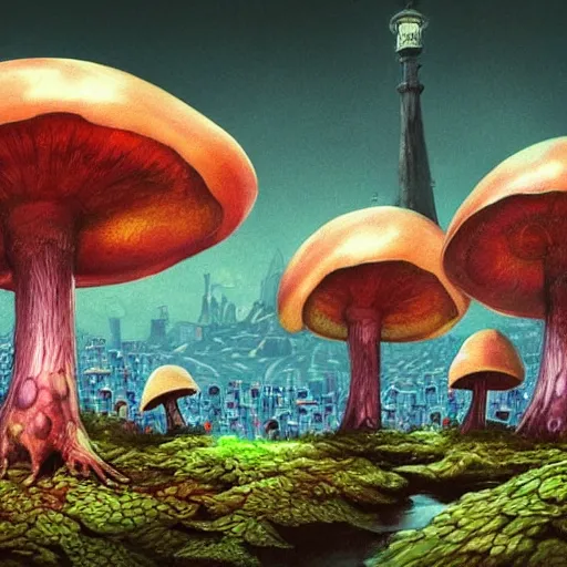 Image similar to A centered chest up portrait of a psychedelic godlike anthropomorphic frog smoking a hand-rolled cigarette , magic mushroom village in background . award winning. superb resolution. in the art style of junji Ito and greg rutkowski . Detailed Mushroom city in background. Hyper realistic anime. Perfect art. Dalle2