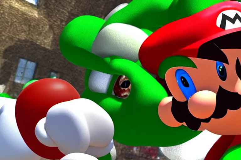 Image similar to a photo of mario punching yoshi in the face, photorealistic, 8 k