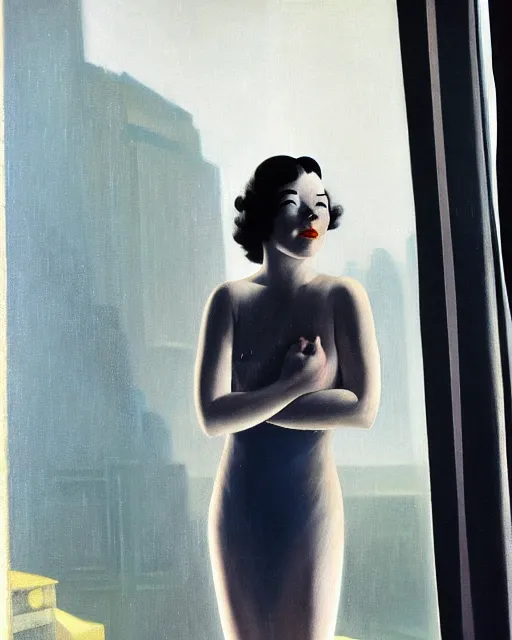 Prompt: photo of young bjork in 1 9 3 0 s penthouse rainy window, deco skyscrapers faintly visible outside, oil painting, by enoch bolles, greg rutkowski, edward hopper, artgerm, wlop glossy skin, pearlescent, very coherent, iconic