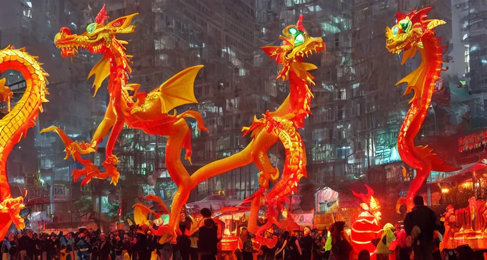 Image similar to glowing dragon puppets at chinese new year parade, beautiful, soft lighting, artstation, storybook