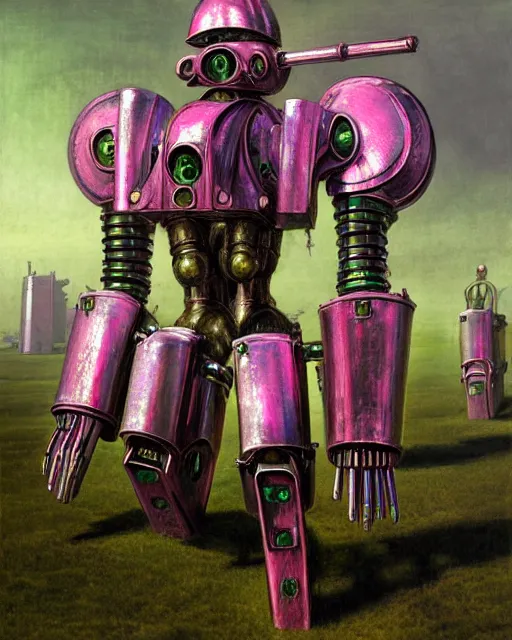 Prompt: hyperrealistic hyperdetailed medieval mecha iridescent pink covered in medieval type battle war concept art santiago caruso de chirico sharp very dramatic green light 8k low angle shallow depth of field