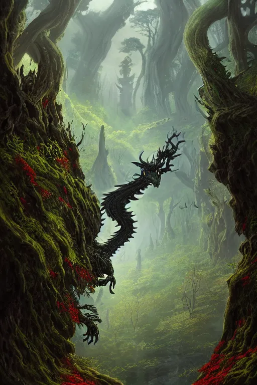 Image similar to a beautiful digital illustration painting of a detailed gothic fantasy valley and forest dragon technology scifi robot encroaching up nature fey unseelie, by benoit b. mandelbrot, steven belledin, martin johnson heade, lee madgwick, caspar david friedrich, and david rios ferreira. 8 k resolution trending on artstation concept art digital illustration