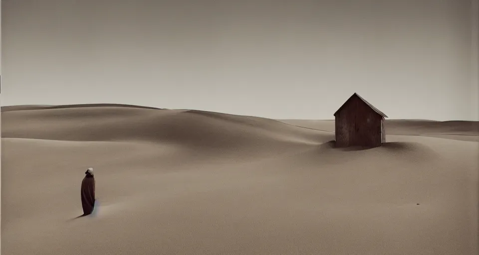 Image similar to IKEA catalogue photo of a farm house kitchen, sand dunes, a sad figure, by Beksinski