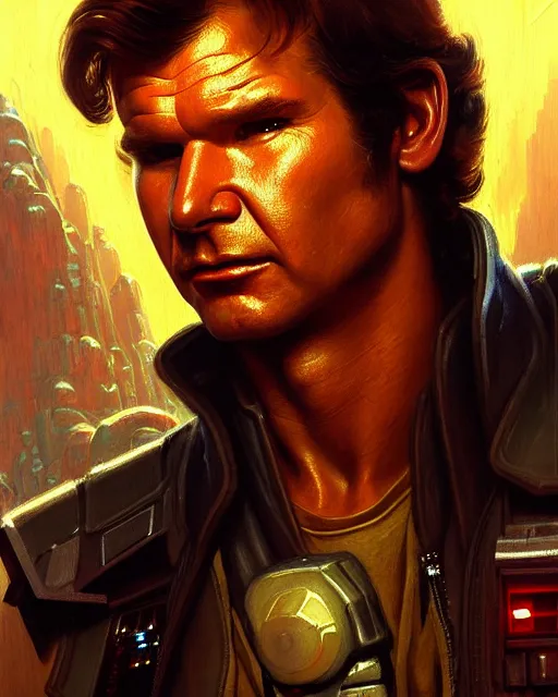 Image similar to character portrait closeup 4 0 years old han solo harrison ford cyberpunk starcraft terran warhammer 4 0 k space marine, confident, character design, painting by gaston bussiere, dan mumford, katsuya terada, frank frazetta, tom of finland, trending on artstation