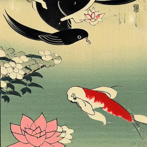 Image similar to a painting of flowers and a bird flying over a koi pond, a silk screen by ohara koson, pixiv contest winner, ukiyo - e, ukiyo - e, creative commons attribution, woodcut