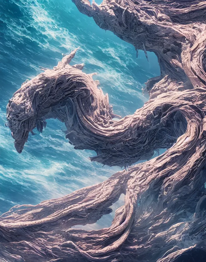 Image similar to long dragon wrapped around a land formation overseeing a vast ocean, intricate abstract. delicate artwork. by Tooth Wu, wlop, beeple, dan mumford. octane render, trending on artstation, greg rutkowski very coherent symmetrical artwork. cinematic, hyper realism, high detail, octane render, 8k, depth of field, bokeh. chrome accents.