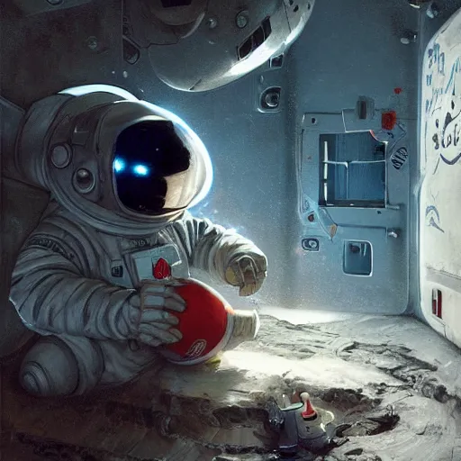 Prompt: baby astronaut doing maintenance, graffiti painting by nuri iyem, james gurney, james jean, greg rutkowski