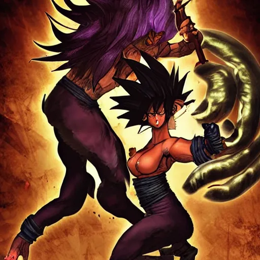 Image similar to The Devil fistfighting a savage woman with wild spiky black Saiyan hair, dark dungeon, bloody walls, fantasy art, absurd quality