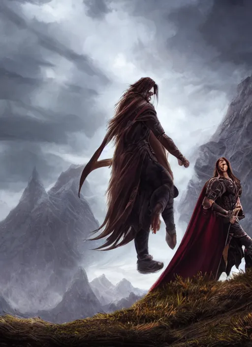 Image similar to An epic fantasy comic book style portrait painting of a young man with a long brown hair wearing a cloak that waves in the wind as he holds onto a stave in front of an epic fantasy landscape, unreal 5, DAZ, hyperrealistic, octane render, cosplay, RPG portrait, dynamic lighting