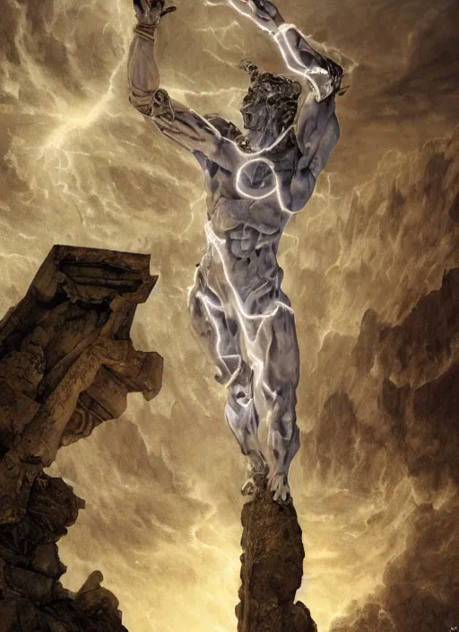 Image similar to ancient statue of a diabolical marble stone cyborg, wearing torn white cape, dynamic pose, thunder, glowing eyes, post apocalyptic ancient ruins, glowing veins subsurface scattering, in clouds, sunset, portrait, by gerald brom, by mikhail vrubel, by peter elson, muted colors, extreme detail, trending on artstation, 8 k