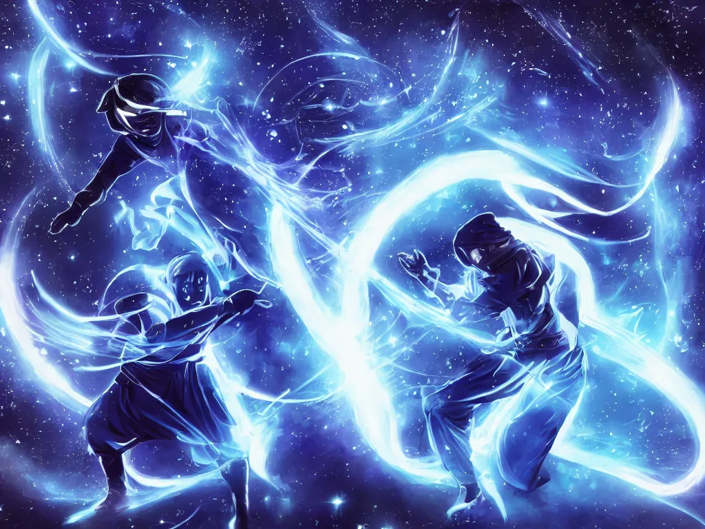 Image similar to A cosmic ninja running through a blue light of transformation