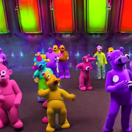 Prompt: hyperrealistic film still of teletubby rave, stunning 3 d render, neon cyberpunk cinematic lighting, 8 k octane comprehensive render, extremely hyper - detailed, incredibly realistic, intricate, masterpiece