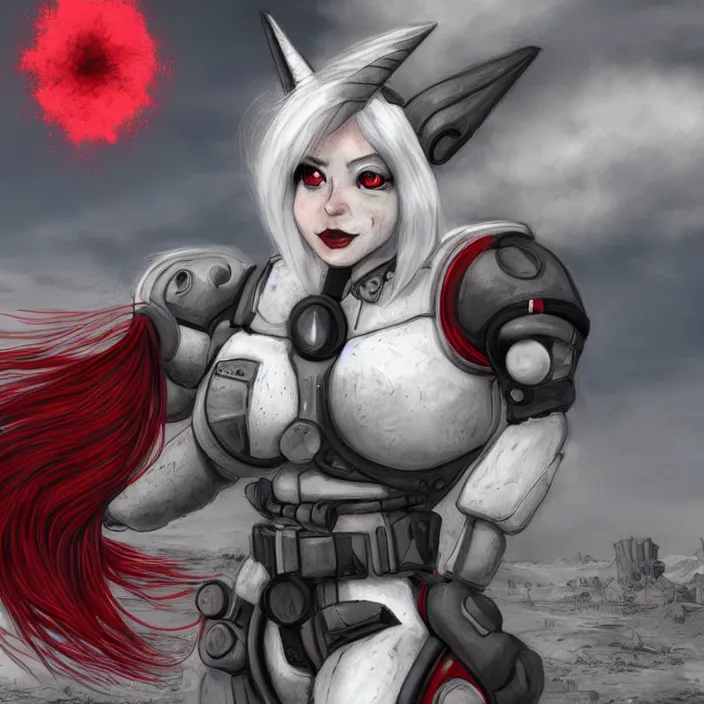 Image similar to Fallout Equestria Project Horizons | Blackjack Character Fanart | White MLP Unicorn Mare with red and black shaggy hair, and bright, robotic eyes. | Trending on ArtStation, Digital Art, MLP Fanart, Fallout Fanart | Hyperrealistic CGI Photorealistic Cyborg Unicorn