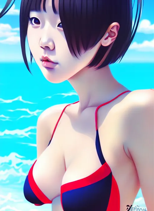 Image similar to ulzzang korean girl wearing two - piece swimsuit portrait, ilya kuvshinov, anime, pixiv top monthly, trending on artstation, cinematic, danbooru, zerochan art, kyoto animation