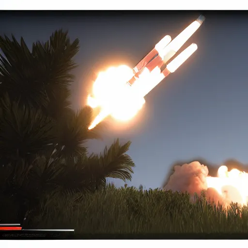 Prompt: arma 3 screenshot, rocket launch, blasting off, rocket smoke