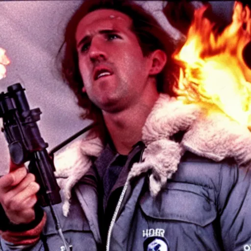 Image similar to movie still of harry kane with a flamethrower in the thing (1982), john carpenter, cinematic,