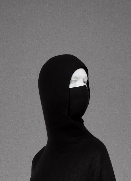 Prompt: asymmetrical dutch-angle high-resolution photograph of ASYMMETRICAL black and white felted wool isolation-hood balaclava, cybergoth style, STRAITJACKET straps and industrial hardware, inspired by CRYOTHERAPY, designed by ann demeulemeester and nancy grossman, 8k, hyperrealistic, highly textured, dark volumetric lighting, desaturated