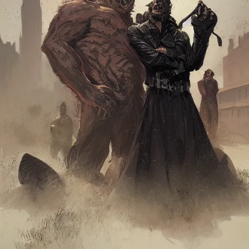 Image similar to A werewolf and a preacher in black with a short haircut and widows peak driving a small red bulldozer, marvel, dark, intricate, highly detailed, smooth, artstation, digital illustration by Ruan Jia and Mandy Jurgens and Artgerm and Wayne Barlowe and Greg Rutkowski and Zdislav Beksinski