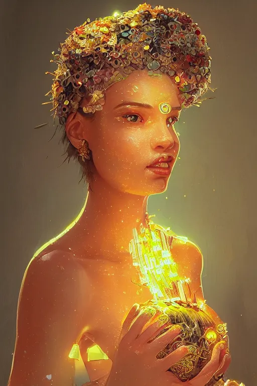 Prompt: portrait of cuban woman with skirt made out of bananas, dancing, intricate, elegant, glowing lights, highly detailed, digital painting, artstation, sharp focus, illustration, art by wlop, mars ravelo and greg rutkowski