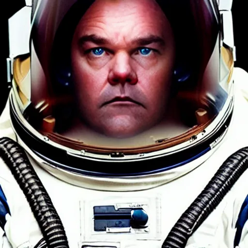 Prompt: film still from interstellar, an astronaut in a space suit with the face of jack black in the style of a heavy metal album cover