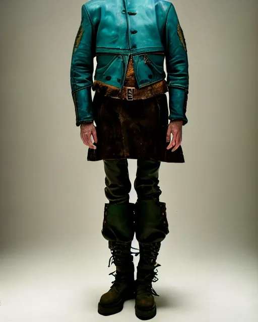 Prompt: an award - winning photo of an ancient male model wearing a plain cropped baggy teal distressed medieval designer menswear leather military jacket designed by alexander mcqueen, 4 k, studio lighting, wide angle lens, 2 0 0 4