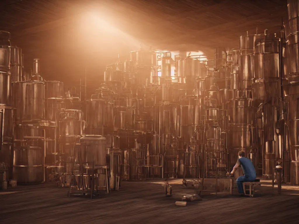 Image similar to sitting on a small wooden stool a large man sips a tiny tumbler of whisky in a whisky factory with barrels stacked up to the sealing. beautiful atmospheric lighting, sunlight beaming through open windows, small dust particles in the air. unreal engine 5, v - ray, 8 k, ultra hd, god rays.