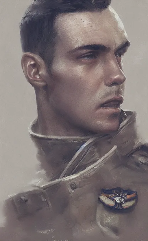 Prompt: Portrait of a navy officer, male, detailed face, 20th century, highly detailed, cinematic lighting, digital art painting by greg rutkowski