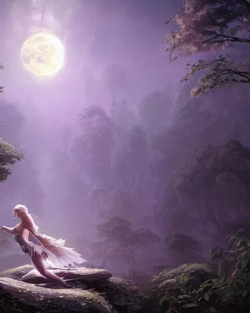 Image similar to attractive fairy goddness fly high in the night, d & d, fantasy, mist, full moon in background, trees, hyper detailed, art by artgerm and greg rutkowski and magali villeneuve, midium shot, 8 k realistic, cryengine, digital painting, trending on artstation, concept art, sharp focus, illustration,