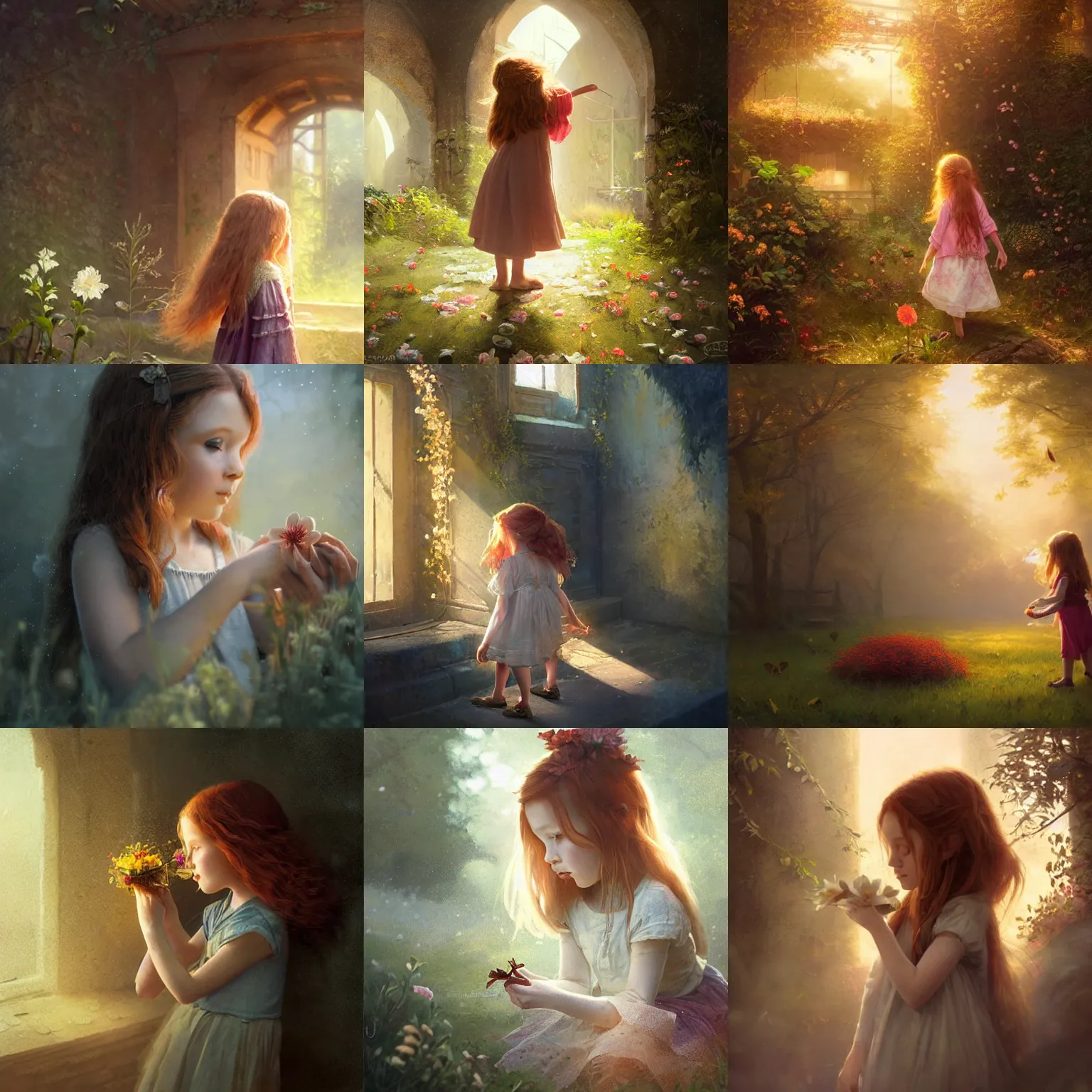 Prompt: cute 5 year old girl with long ginger hair sniffing a flower. soft lighting. warm brilliance. magical atmosphere. matte painting by greg rutkowski.