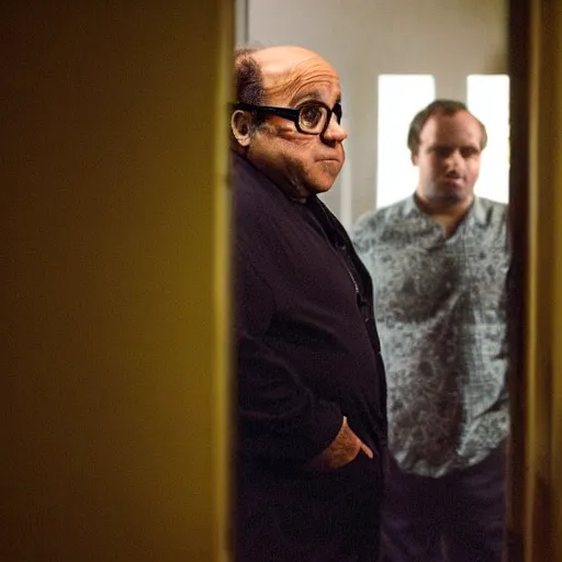 Image similar to danny devito in the backrooms, liminal space, scary, yellow, cinematic camera