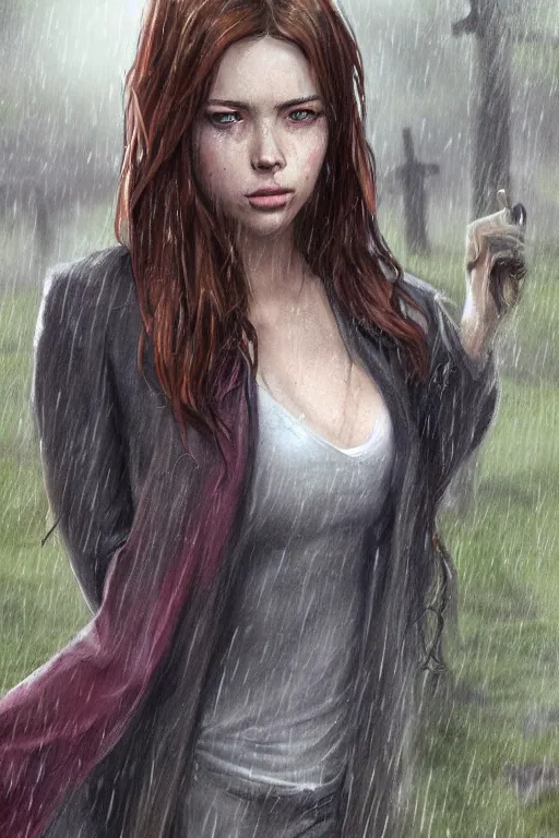 Prompt: tv scene of rachel amber from life is strange standing in a graveyard in the rain, highly detailed, sharp focused, ultra realistic digital concept art by Alyssa Monks, Charlie Bowater